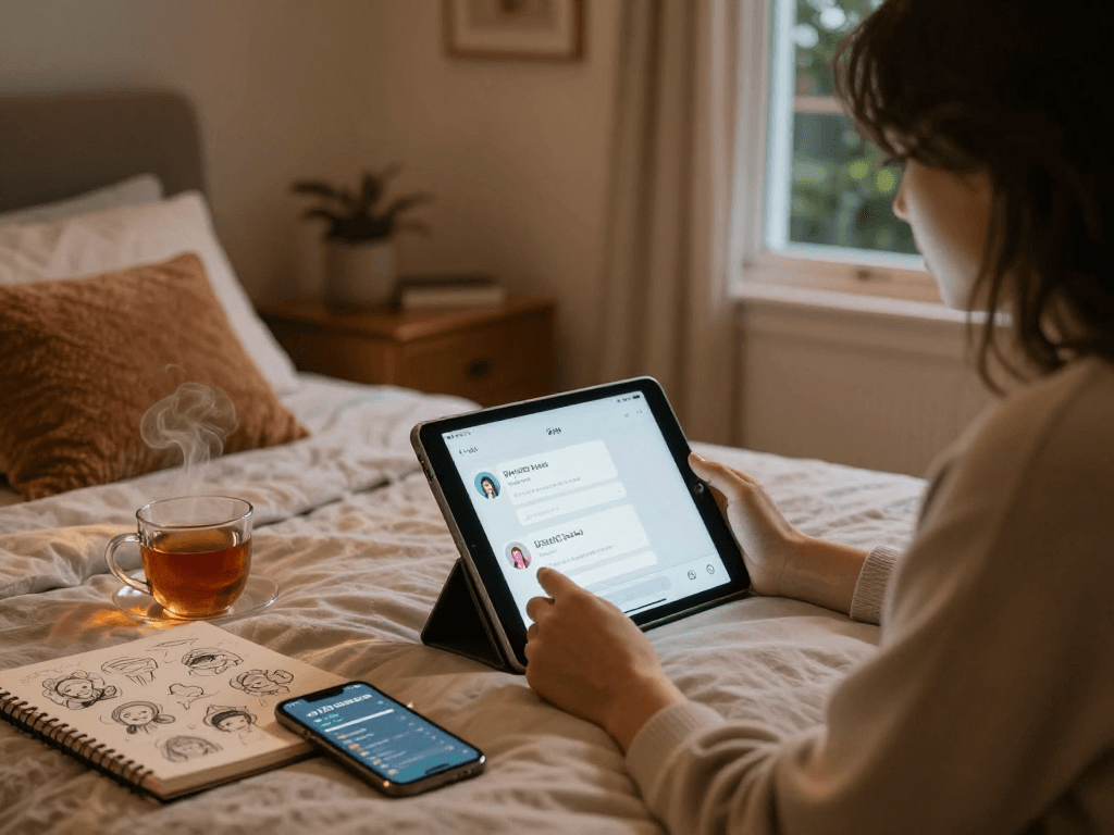 Engaging with a sex AI chatbot on a tablet in a cozy bedroom environment.
