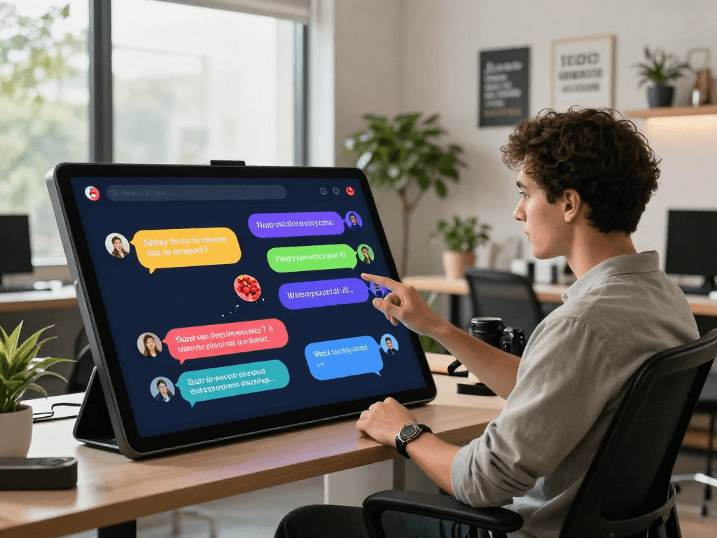 Engaging digital conversation with spicy chat AI displayed on a touchscreen device in a modern workspace.