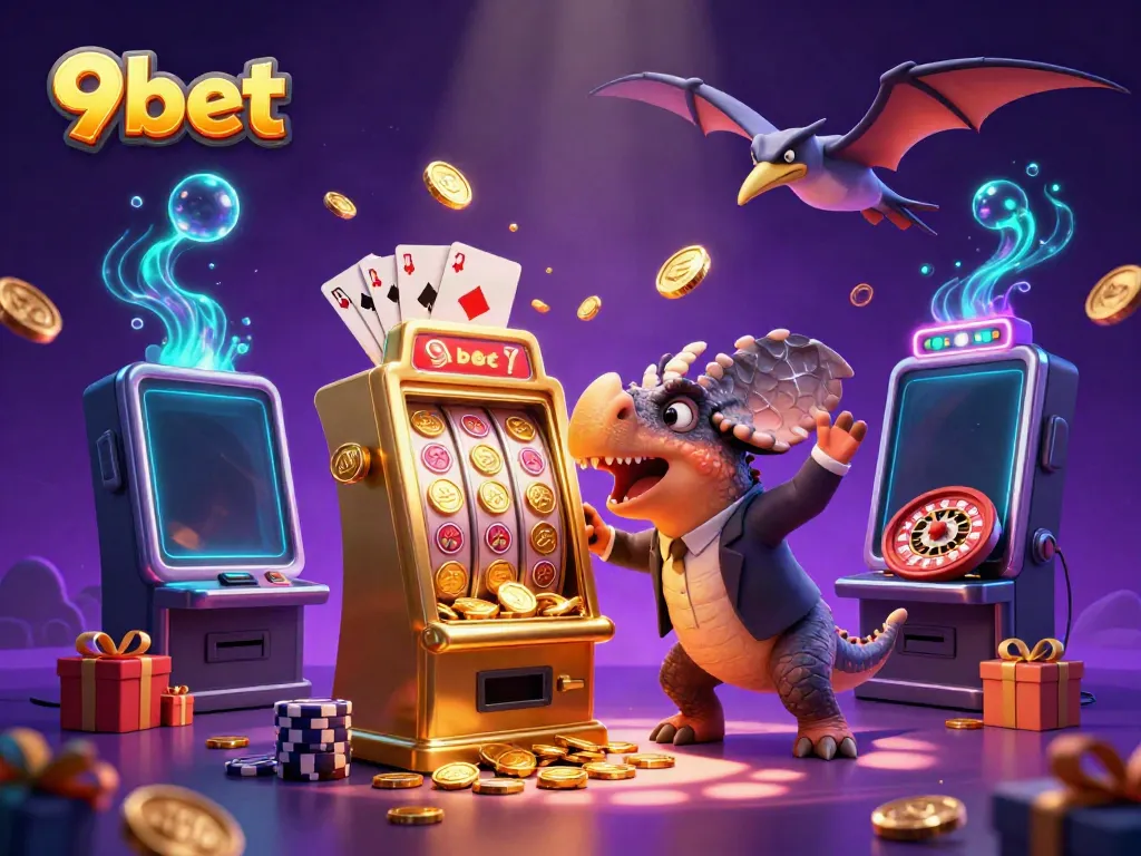 Experience 9bet excitement as a pachycephalosaurus interacts with a slot machine, with coins flying everywhere!