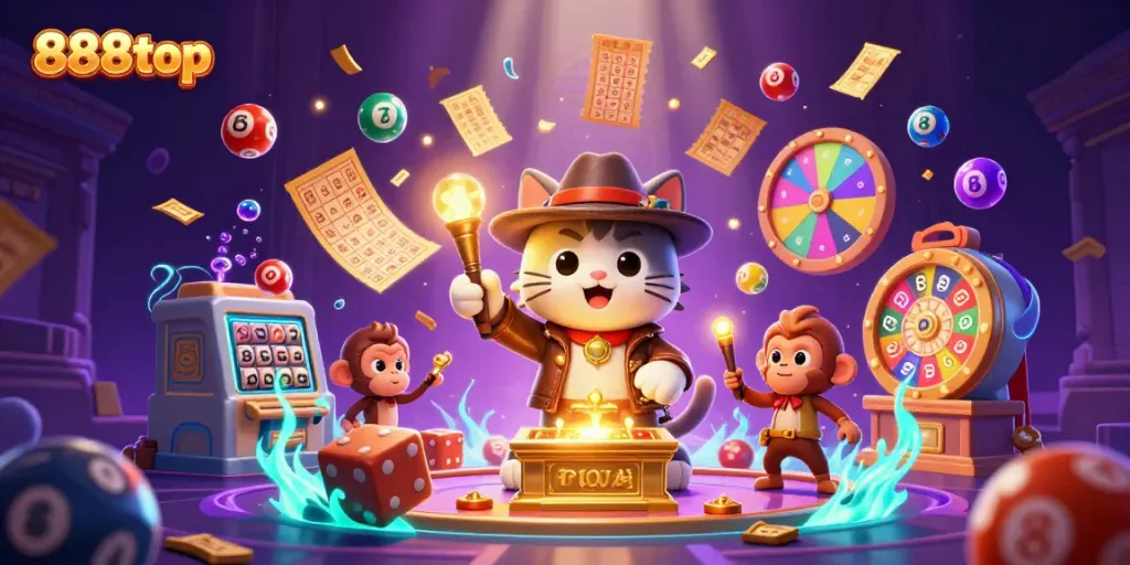 Explore ancient casino treasures with the 888top archaeologist cat in a magical temple environment.