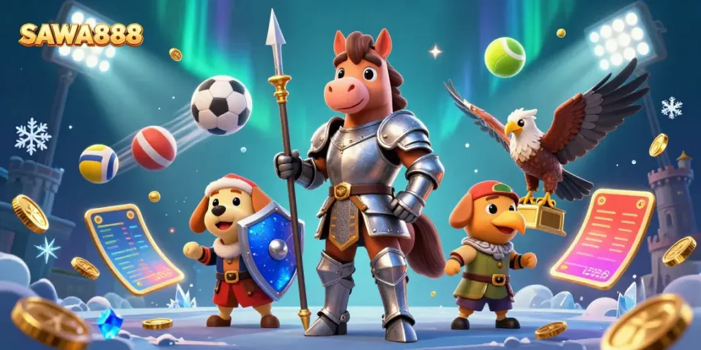 Engage with SAWA888 in an exciting, rich 3D casino-themed illustration featuring dynamic characters and game elements.