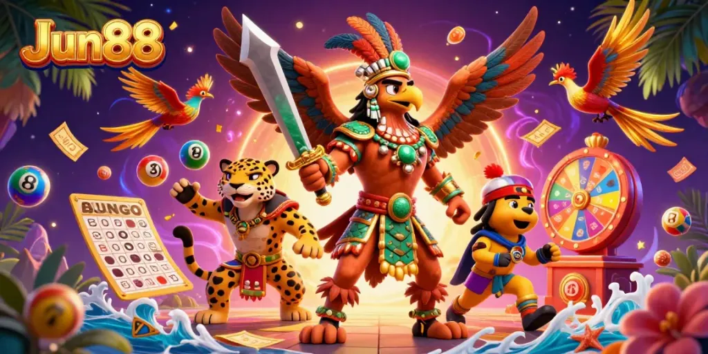 Enticing Jun88 casino atmosphere featuring dynamic characters and colorful game elements, enhancing the gaming experience.