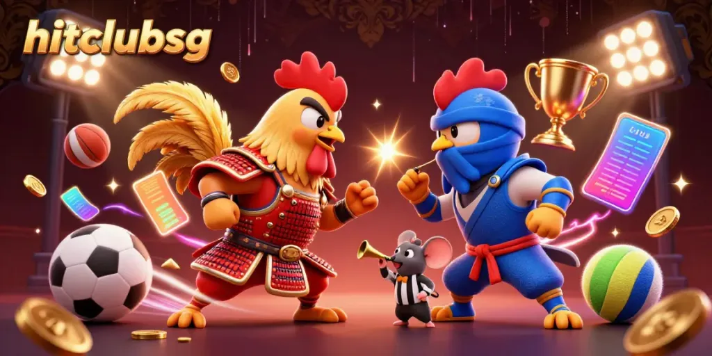 Witness an epic duel at hitclubsg with roaring roosters in a vibrant, dynamic gambling scene.