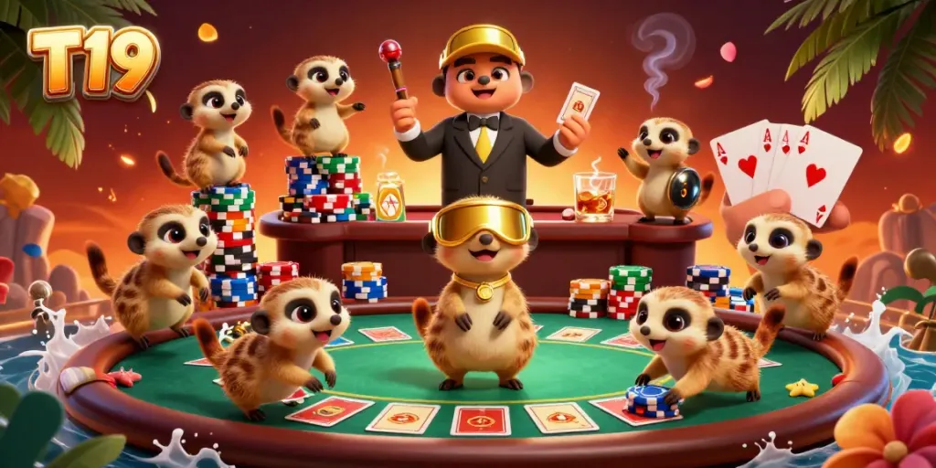 Experience the lively casino atmosphere of T19 featuring a vibrant meerkat colony engaging in intricate gambling activities.