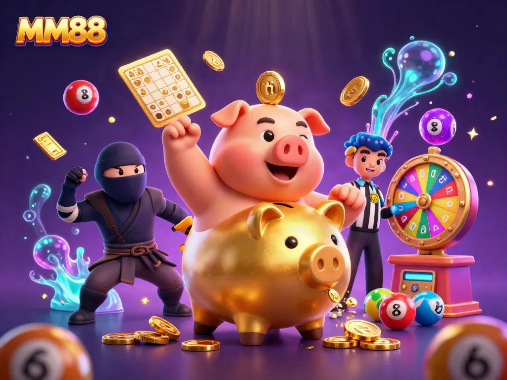 MM88's dynamic gaming scene features a golden piggy bank sumo wrestler stomping as colorful lottery balls bounce around