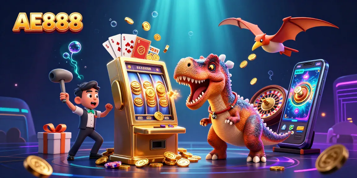 AE888 showcases a lively casino scene with a pachycephalosaurus winning jackpots and elements of excitement.