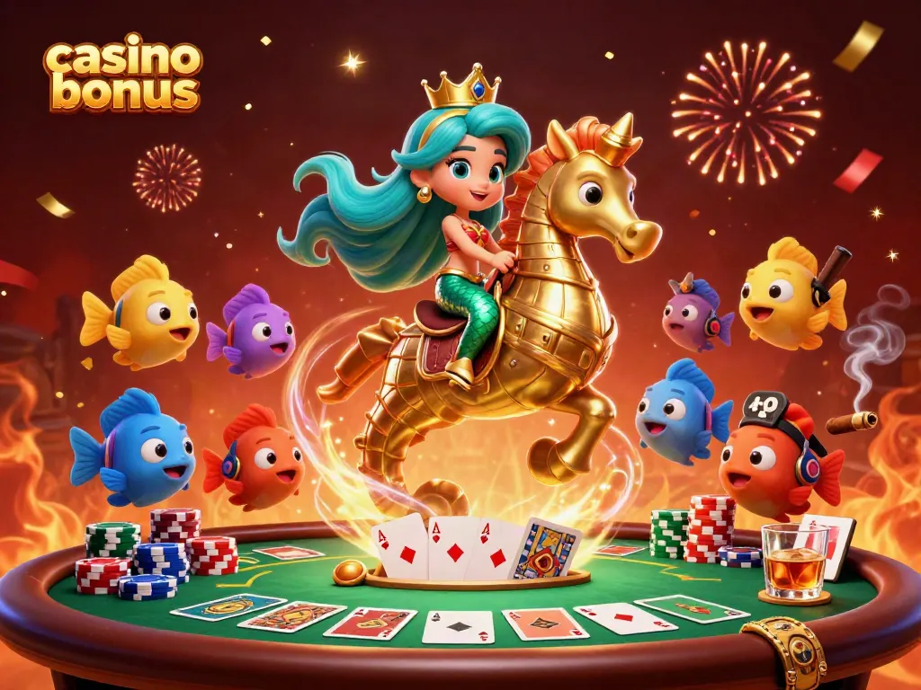 Win big with a casino bonus in this vibrant, action-packed 3D scene filled with poker elements.