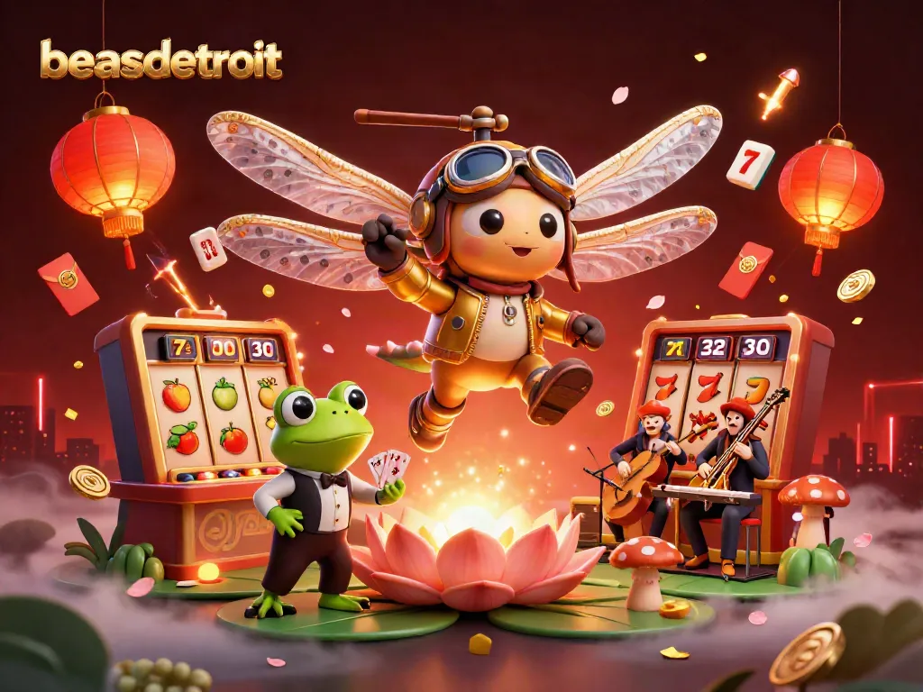 Engage with beasdetroit’s vibrant casino scene featuring a dragonfly pilot and a frog croupier.