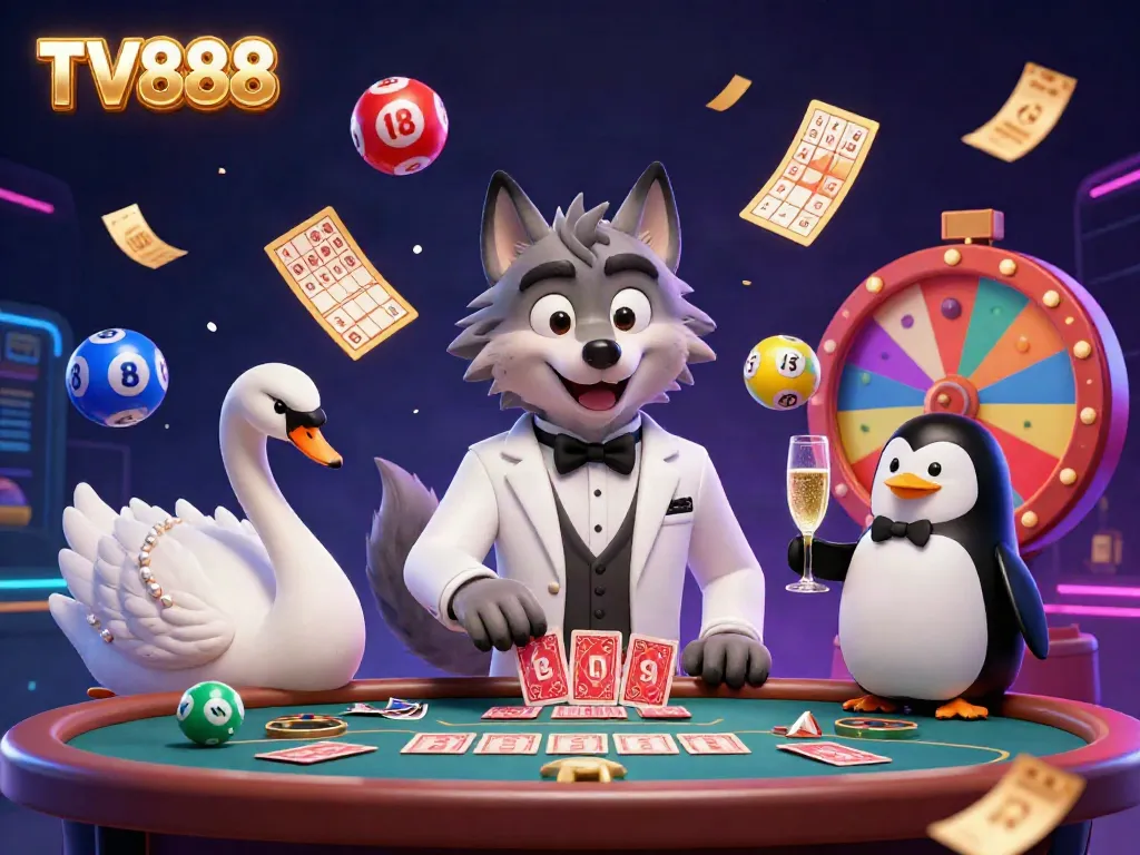 Experience the excitement of TV888 with a dynamic casino scene featuring unique characters and lively elements.
