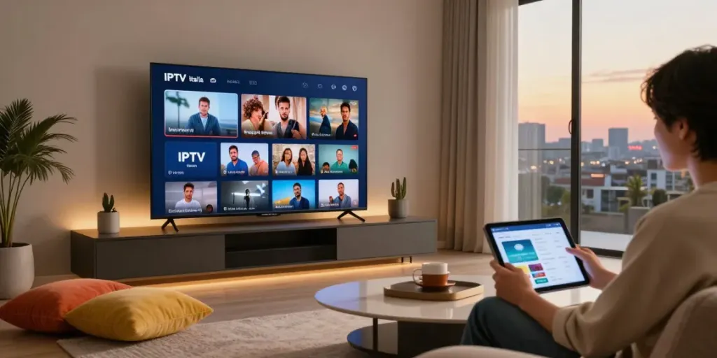 Enjoying IPTV Italia on a smart TV in a cozy living room.