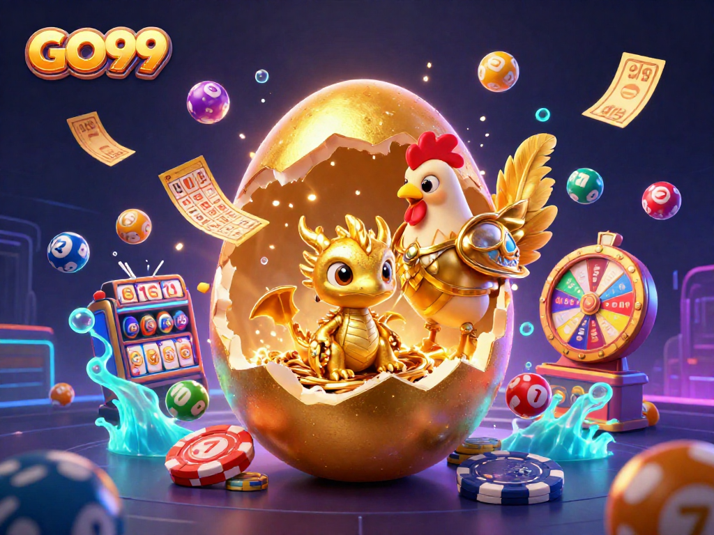 Experience the thrill of GO99 with a golden baby dragon guarding poker chips in this vibrant scene.