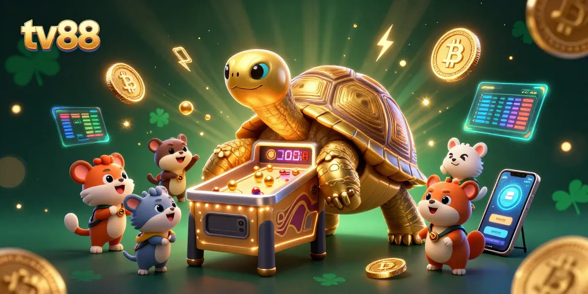 Experience thrilling gameplay at tv88 with a golden tortoise pinball machine illustration, sporting crypto elements.