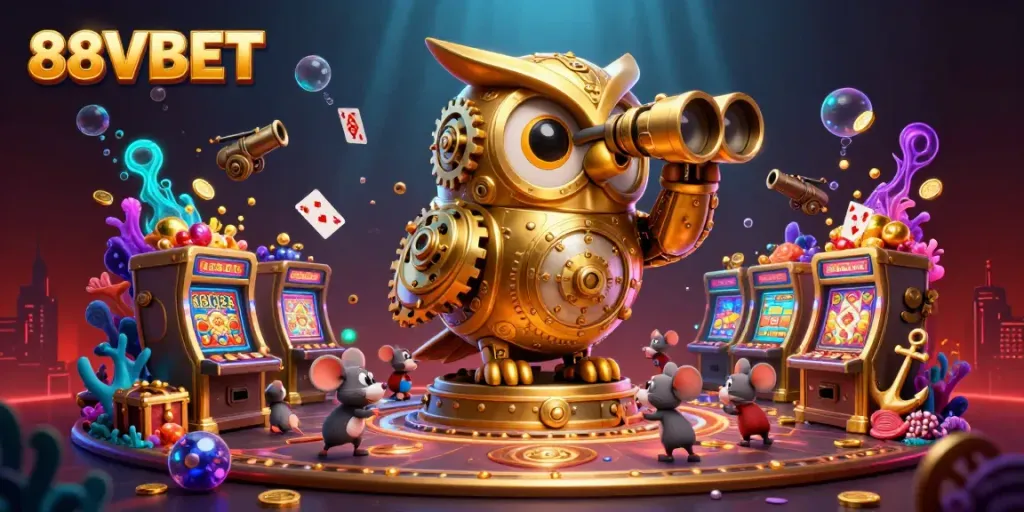 Experience the thrill of 88VBET with a dynamic 3D casino scene featuring a golden owl and whimsical characters.