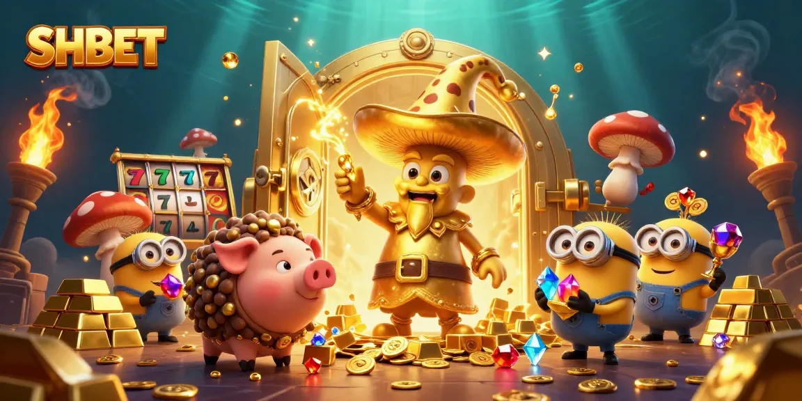 Experience thrilling SHBET adventures with a golden mushroom wizard and treasure in an immersive casino scene.