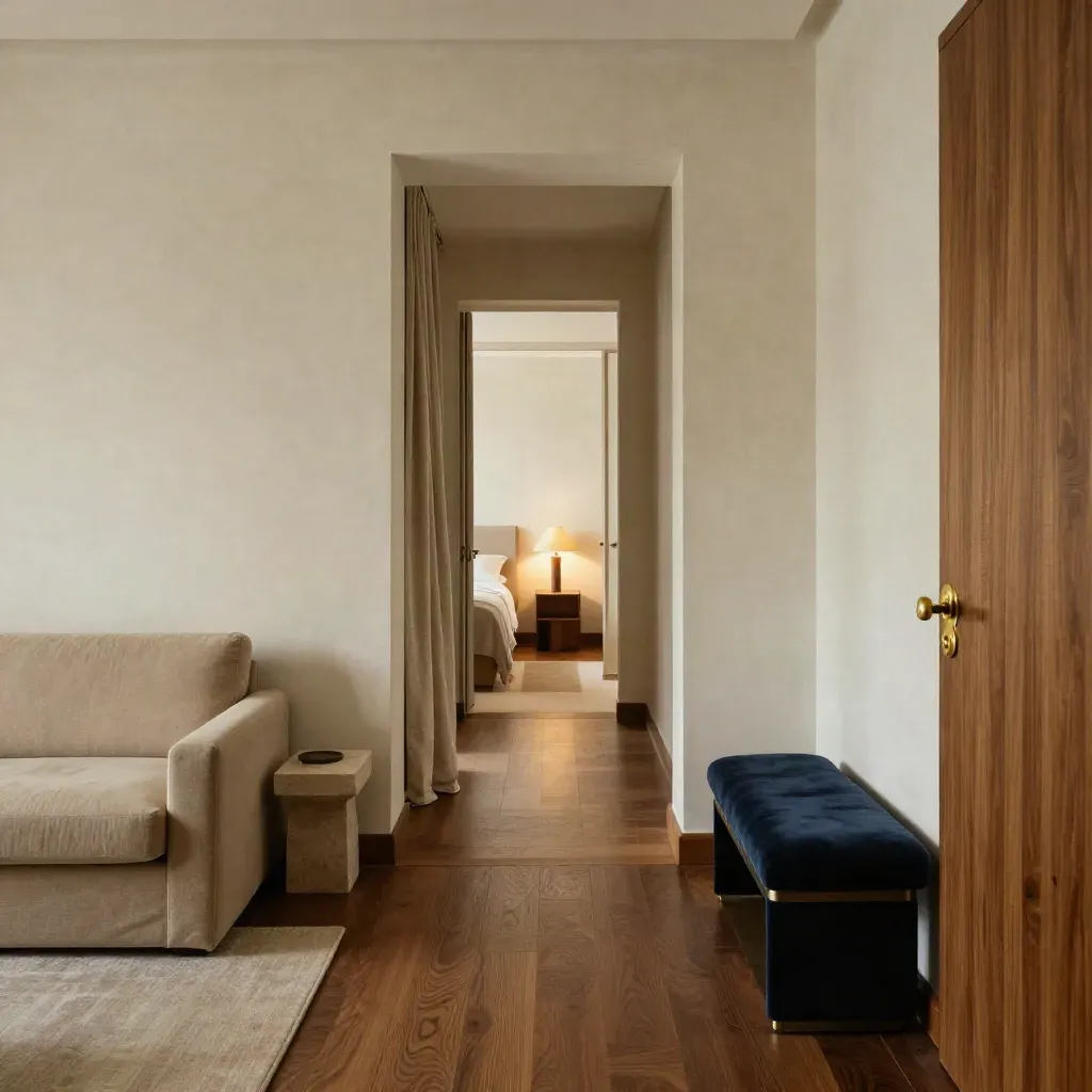 Interno milanese con corridoio, soggiorno e camera in asse, luce calda e porte aperte.