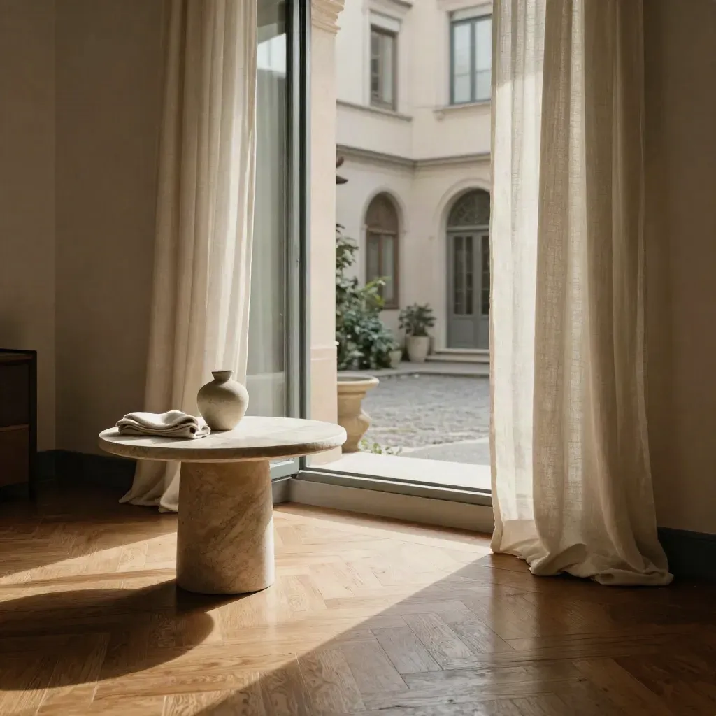 Bilocale milanese luminoso con parquet a spina, tende di lino e tavolino in travertino.