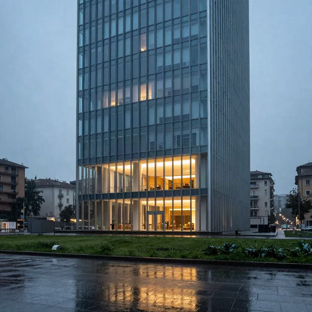 Facciata di Torre Milano bagnata dalla pioggia, luci accese e skyline di Porta Nuova al crepuscolo.