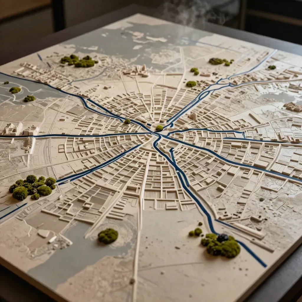 Mappa tattile di Milano con rilievi, blocchi neutri e dettagli blu notte in luce cinematica.