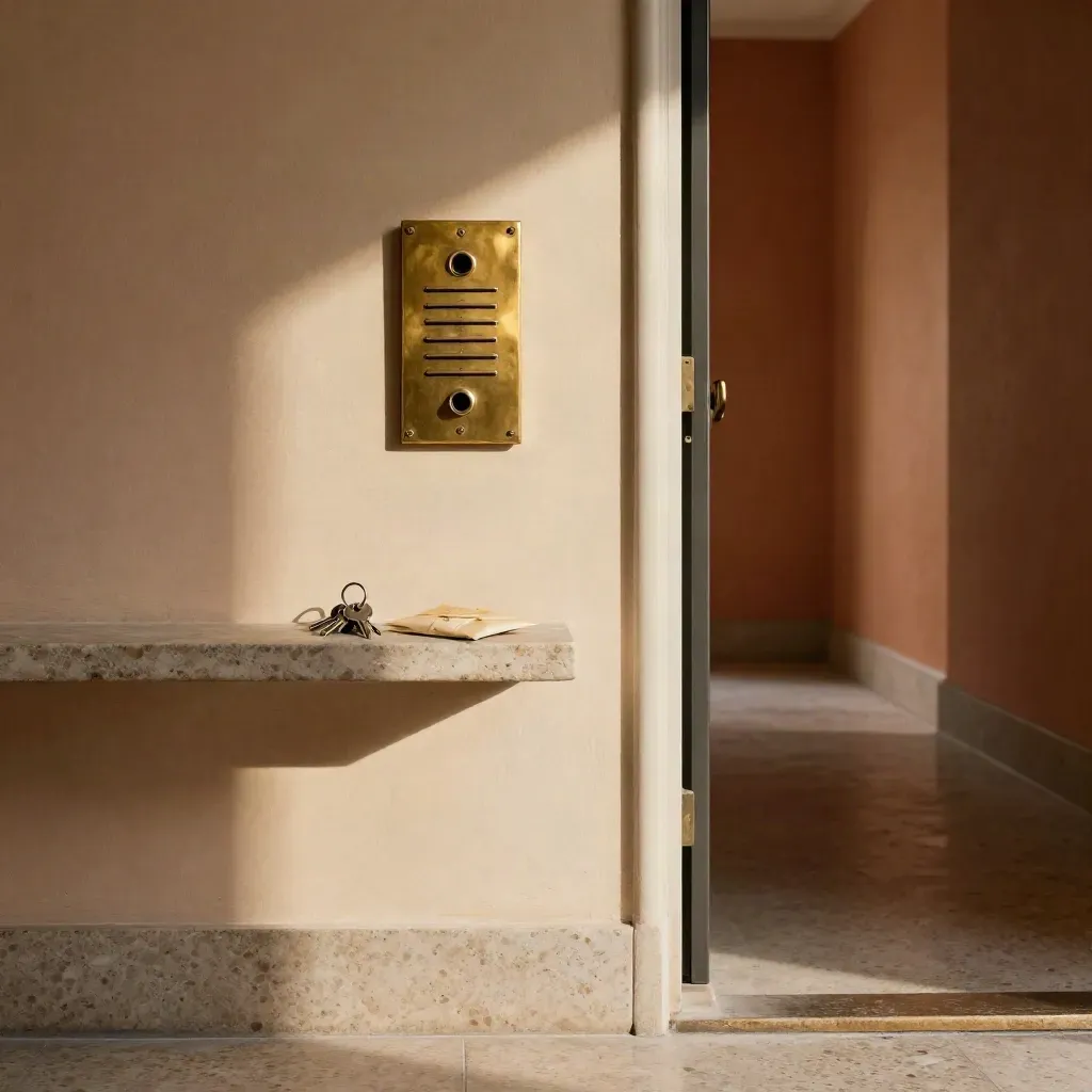 Citofono in ottone, chiavi e busta su mensola in pietra, porta socchiusa