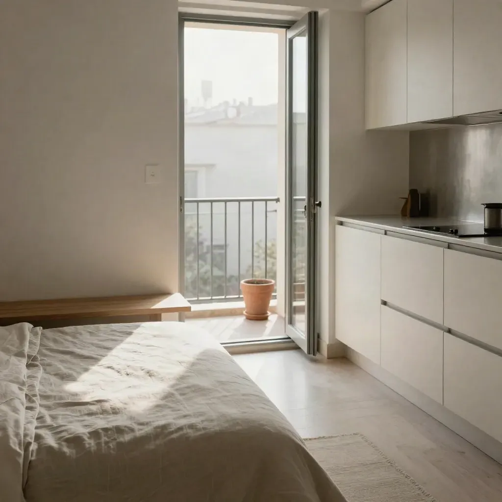 Bilocale rifinito con letto rifatto, cucina lineare e balcone su cortile silenziosa