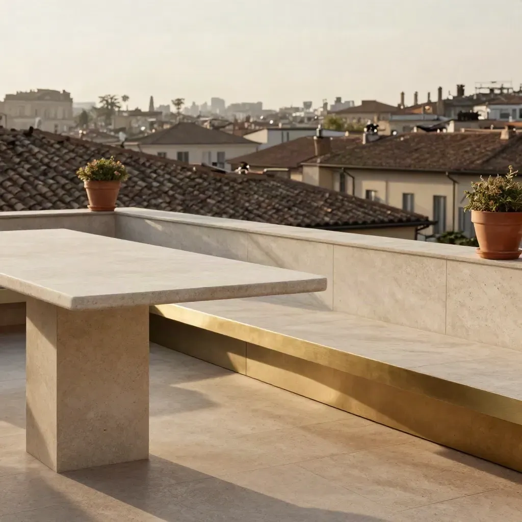 Terrazza in pietra di un attico a Brera con tavolo basso e tetti in controluce.