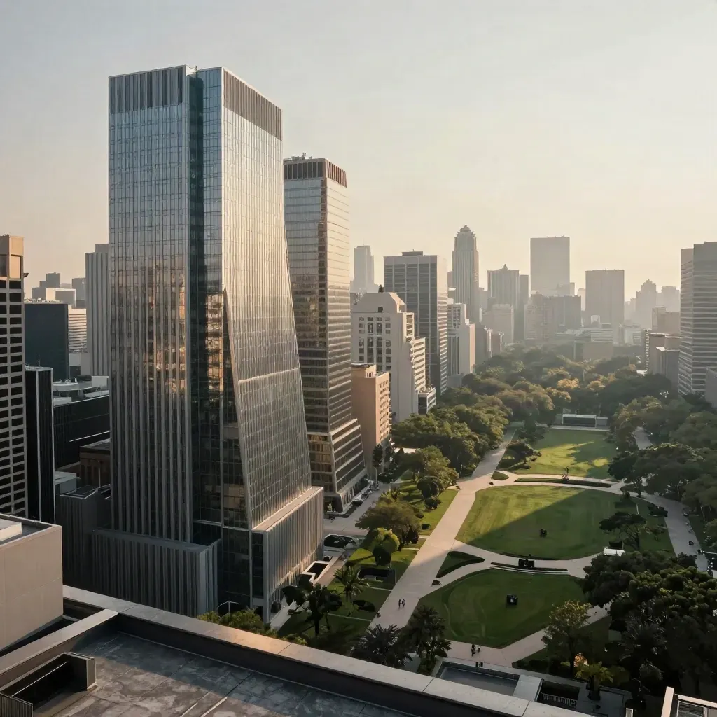 Panoramica di CityLife con torri geometriche, parco ordinato e luce radente nel tardo pomeriggio