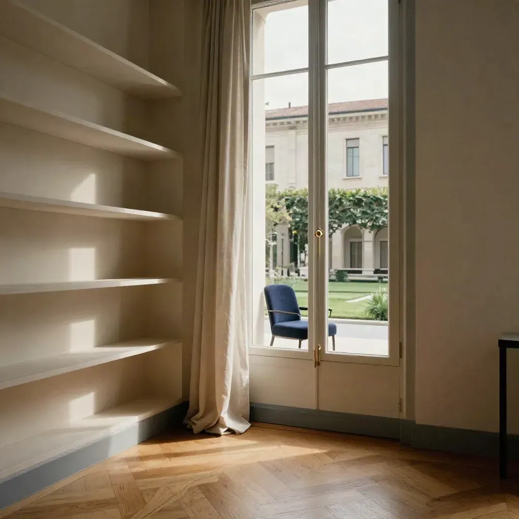 Appartamento elegante con parquet, scaffali vuoti e vista su cortile universitario.