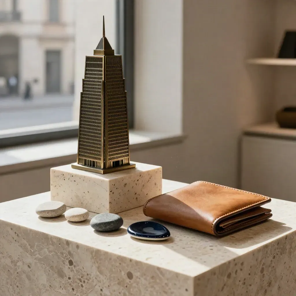 Mini torre in bronzo, travertino e pelle su pietra, con campioni materiali e luce calda.
