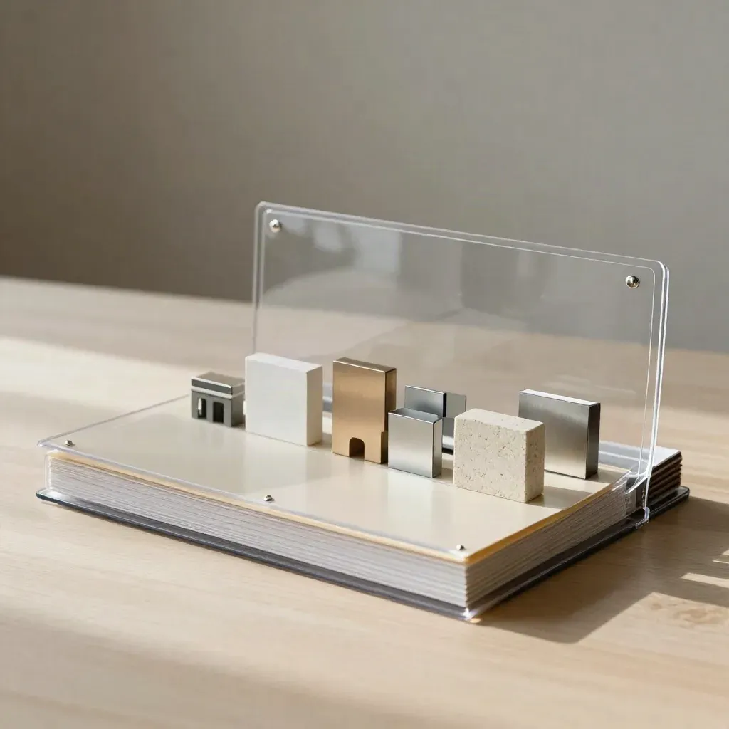 Cartella trasparente con divisori avorio, clip metalliche e campioni facciata su legno chiaro.