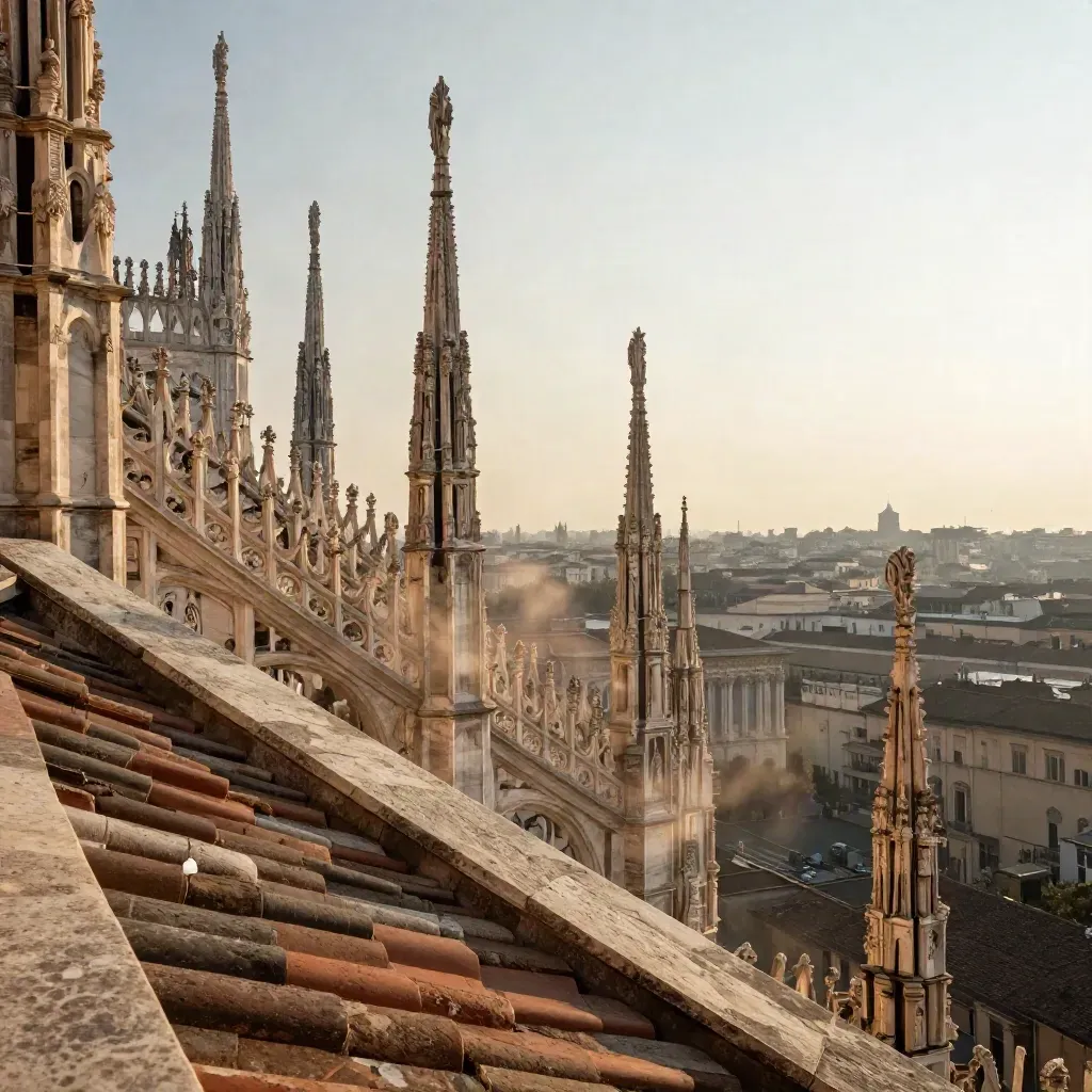 Duomo e tetti di Milano visti da un rooftop, con luce dorata e foschia morbida.