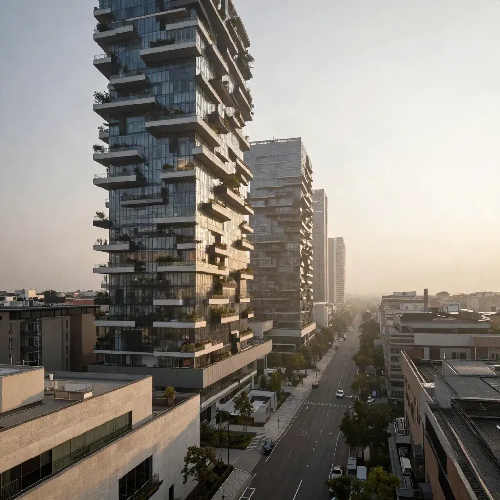 Bosco Verticale al tramonto con viali silenziosi e foschia dorata su Milano Nord.
