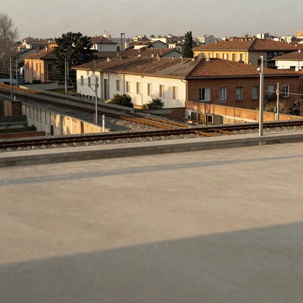 Lambrate e Città Studi al tramonto con binari, mattoni e corti alberate in foschia.