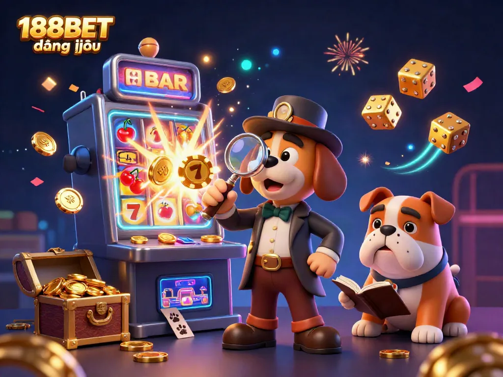 Experience the thrill of 188BET đăng nhập with a detective and bulldog in a vibrant casino scene.