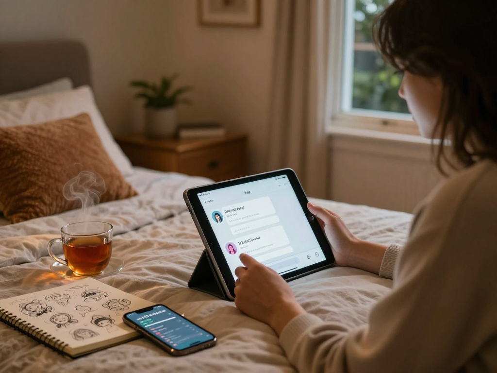 Engaging with a sex AI chatbot on a tablet in a cozy bedroom environment.