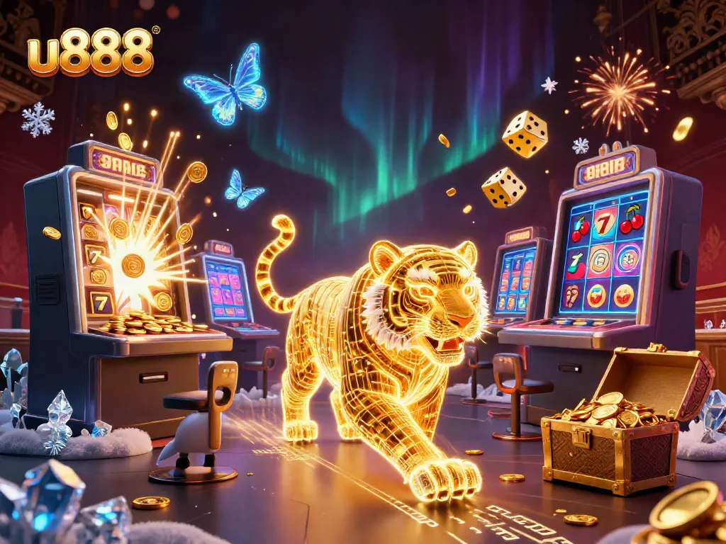 Experience thrilling gameplay at u888 with a neon tiger in a digital casino bursting with excitement.