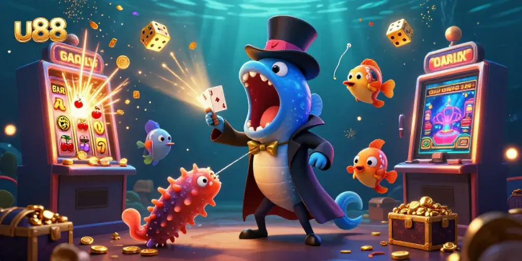 Experience the magic of u88's vibrant casino scene with animated sea creatures captivating players.