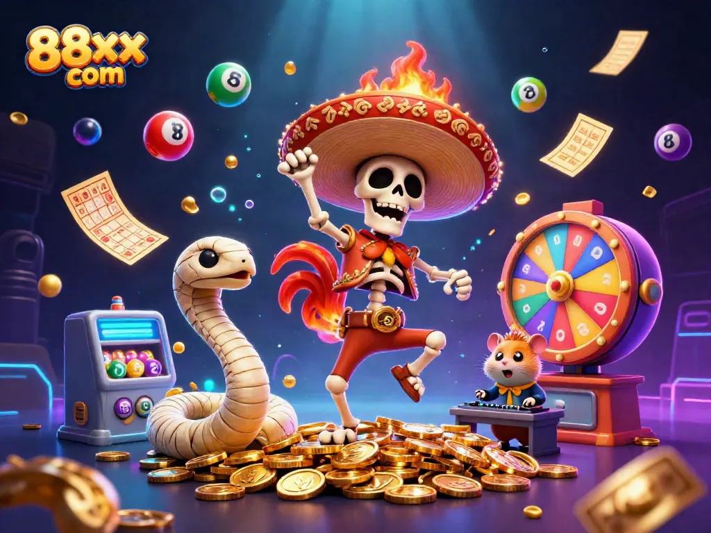 Experience the excitement of 88xx com with vibrant characters celebrating wins amid lottery elements and casino themes.