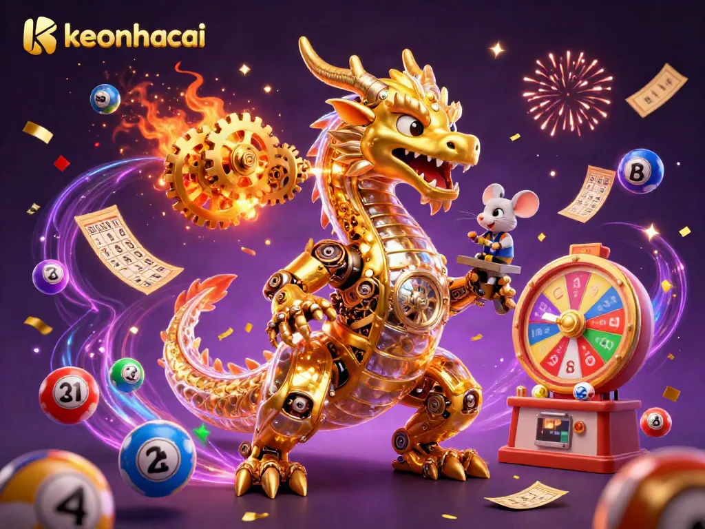 Engage with keonhacai's packed scene featuring a dragon and colorful lottery elements in dynamic action.