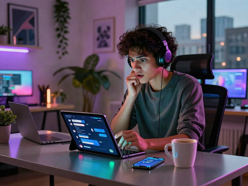 Engaging with AI NSFW chat on a tablet in a vibrant workspace
