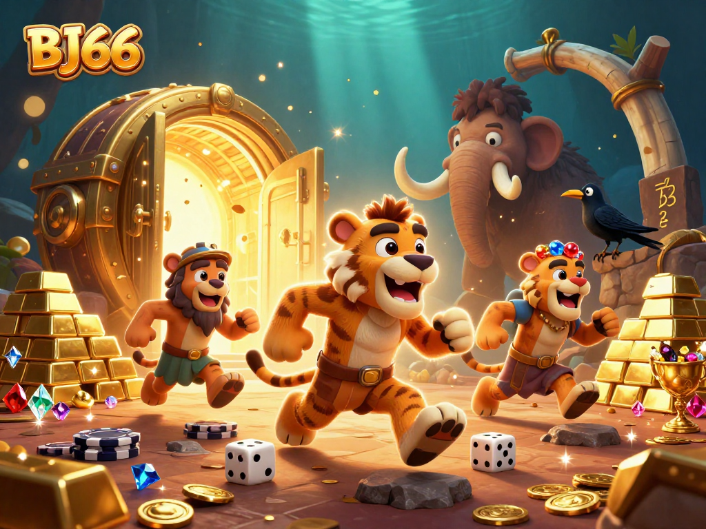 Experience the excitement of BJ66 casino gaming with vibrant caveman and tiger characters.
