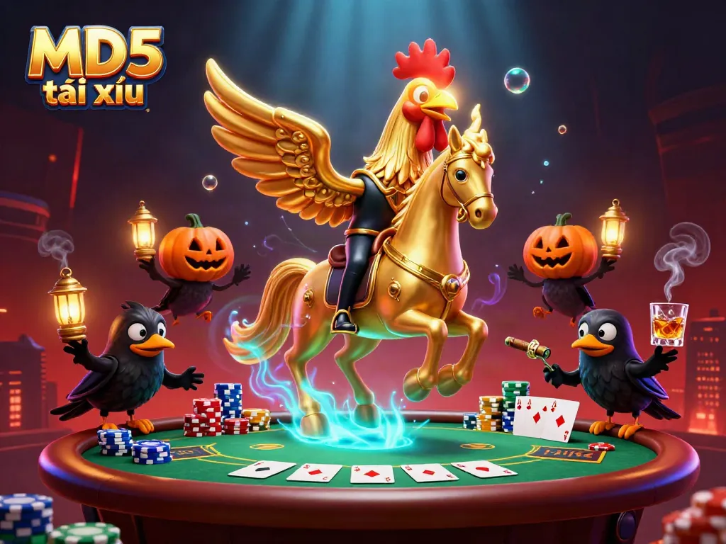 Engage with MD5 tài xỉu in a magical casino scene with glowing characters and gaming elements.