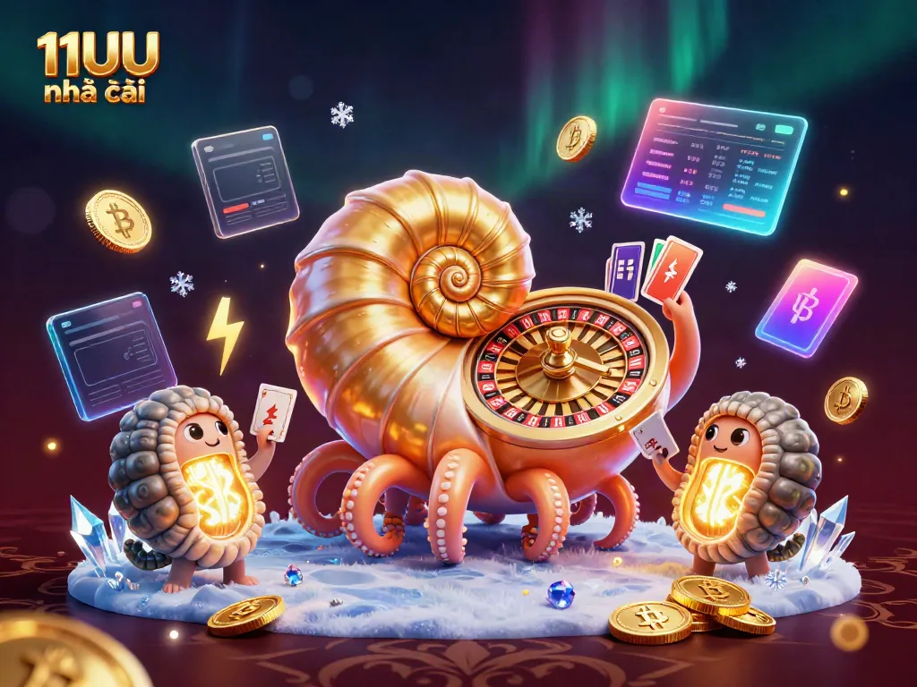 Experience thrilling games at 11UU nhà cái with an engaging golden nautilus roulette illustration.