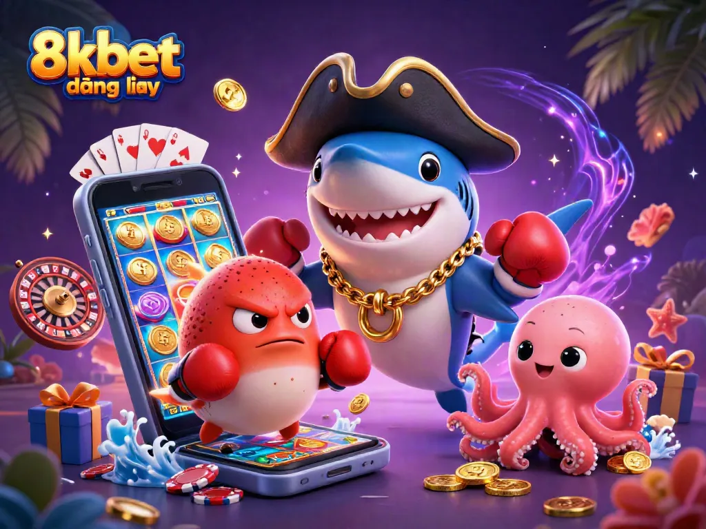 Engage in thrilling casino action with 8xbet đăng nhập, featuring a jubilant shark pirate and treasure-holding octopus.