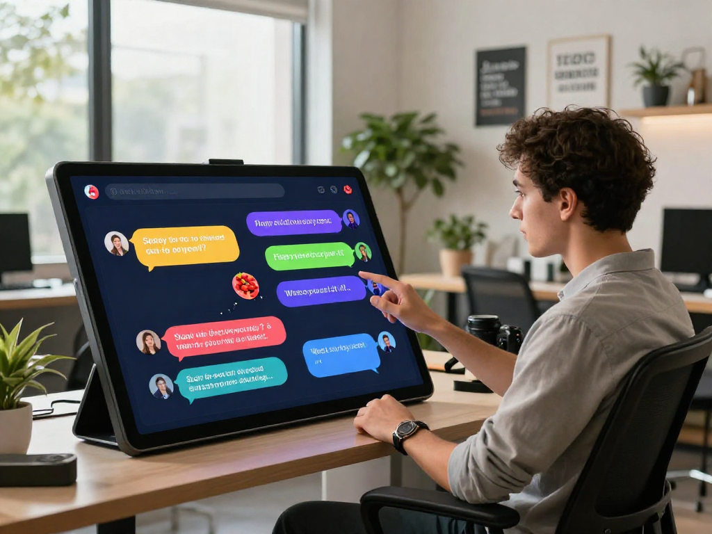 Engaging digital conversation with spicy chat AI displayed on a touchscreen device in a modern workspace.